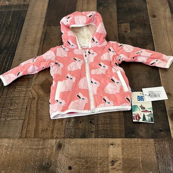 Kickee Pants 6-12 mo Quilted Jacket w/Sherpa Lined Hood Strawberry Forest Rabbit - Picture 1 of 5